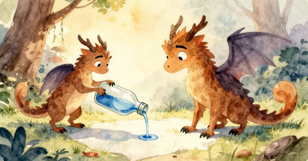 Griffon微笑欣賞自己創作的畫作，紙上有著柔和的藍綠色線條和淡淡的環形痕跡，庭院微風輕拂，充滿成就與寧靜。