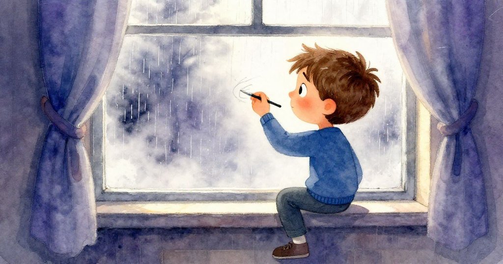 Axel專注地用手指在朦朧窗上描繪第一筆線條，房內溫馨，窗外細雨織出晨霧，展現初始創作。