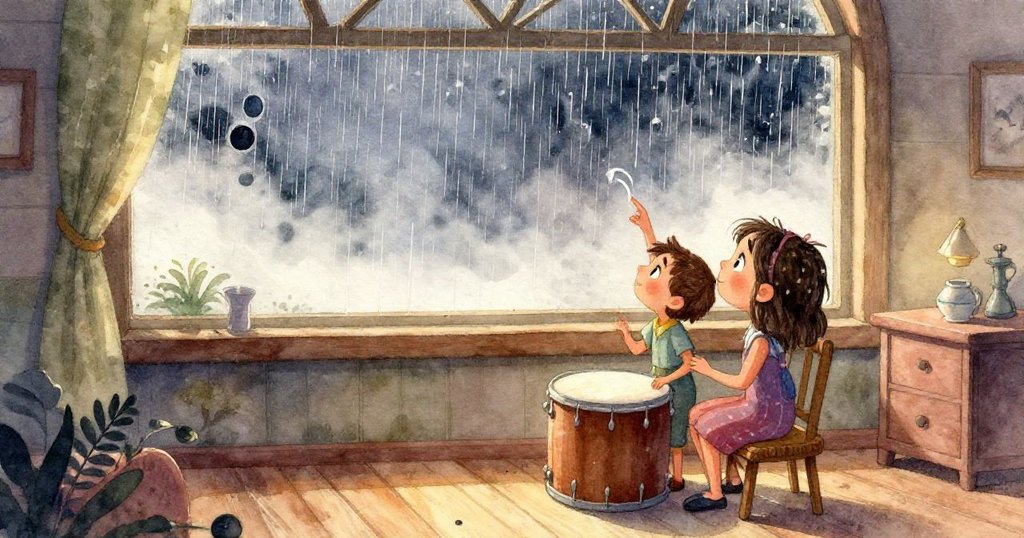 窗外雨勢漸強，淡淡霧氣籠罩樹影，透過室內窗戶展現季節景致，雨水與畫中河流交融沉靜。