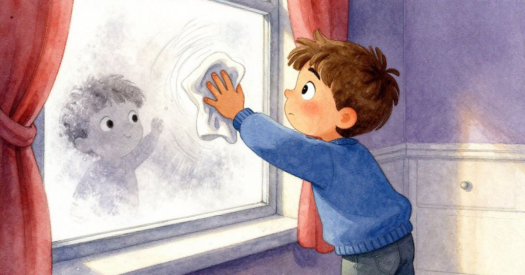 Axel集中精力用布擦去窗上錯誤山丘，改變水滴走向，展現堅定與創造力，充滿動感與溫馨。