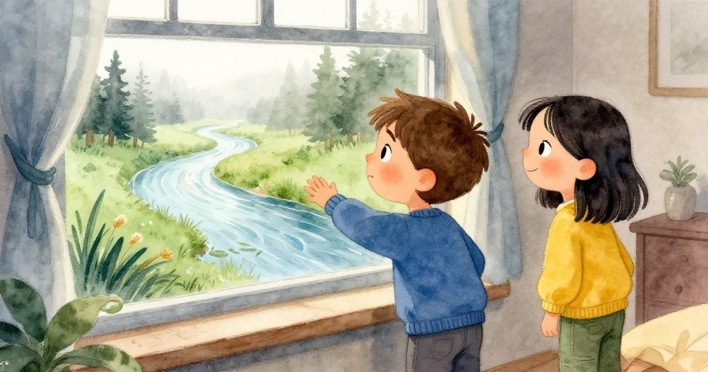 Axel和Inez並肩欣賞窗上重繪出的光亮河道，面帶滿足微笑，象徵創意統合與心靈溫暖，場景和諧宜人。