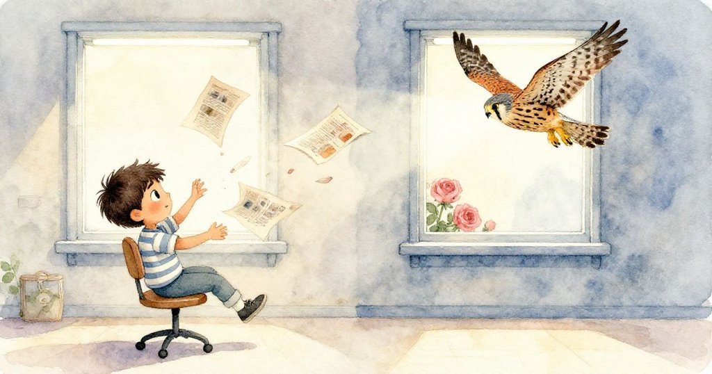 Jonas轉動旋轉椅時,雜誌跌落地面,窗外猛禽掠過,雙重現實交織,呈現故事轉捩點。