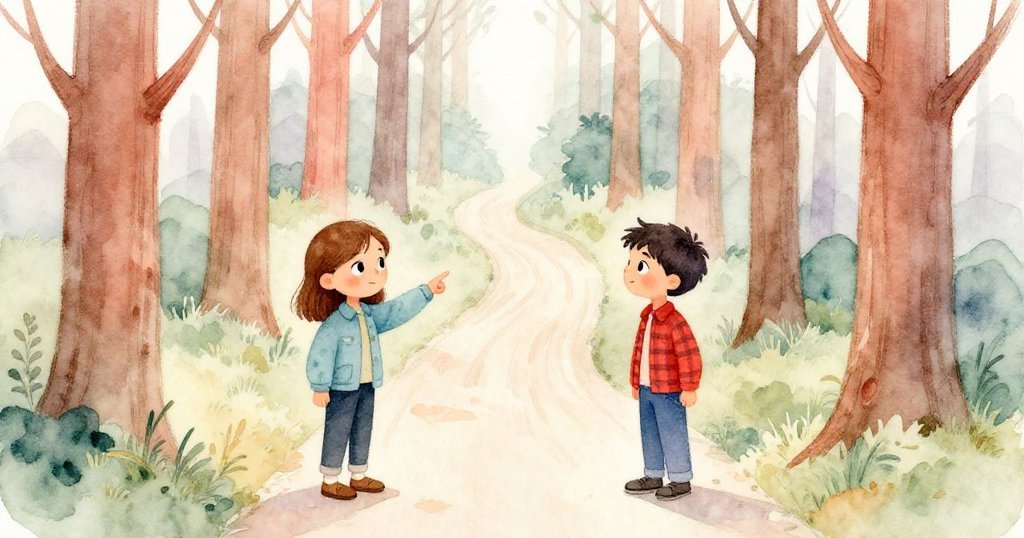 克拉拉與瑞德站在狹窄松樹小徑分岔口，神情平靜，準備探索神秘的方向。