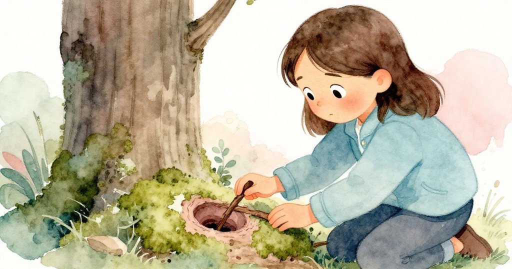 克拉拉蹲下整理苔蘚與木質標記，專注而小心，手握細樹枝調整關鍵印記。