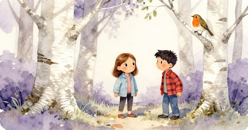 透過克拉拉背影望見隱秘樺樹林，瑞德靠近細察，自然細節營造神秘氛圍。