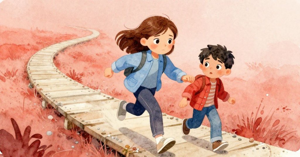 克拉拉抬肩鬆身，決定踏上右側碎石板路，瑞德輕跟隨展現堅毅前進。