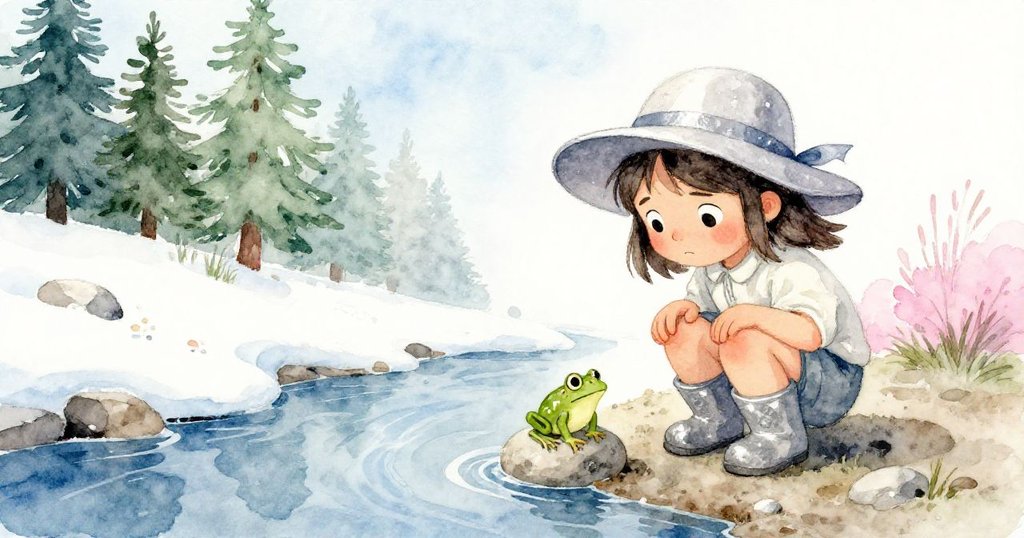 露娜蹲在濕潤溪邊，靴印清晰，綠蛙靜靜棲於石上，神情好奇，展現故事開端的自然氛圍。