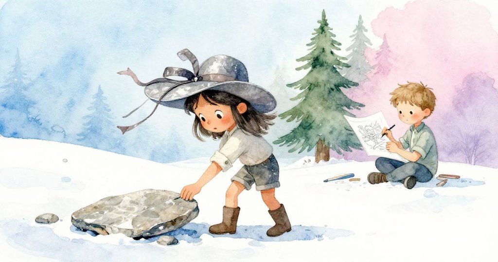 露娜彎腰拾起扁平頁岩，家傳帽子邊隨風飄動，旁邊萊安德靜心記錄自然變化，畫面充滿活力對比。