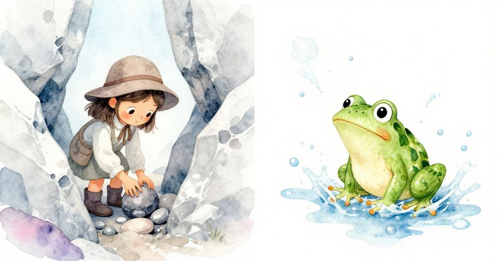 露娜專注地將小石嵌入岩縫中，綠蛙受水流驚嚇跳濺，左右畫面各展情境，展現自然互動。