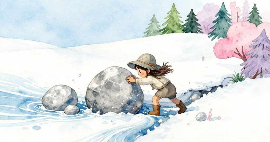 露娜迅速推動石塊，水流與運動軌跡交織，展現解決困境時堅韌和快速拼搏的動感瞬間。