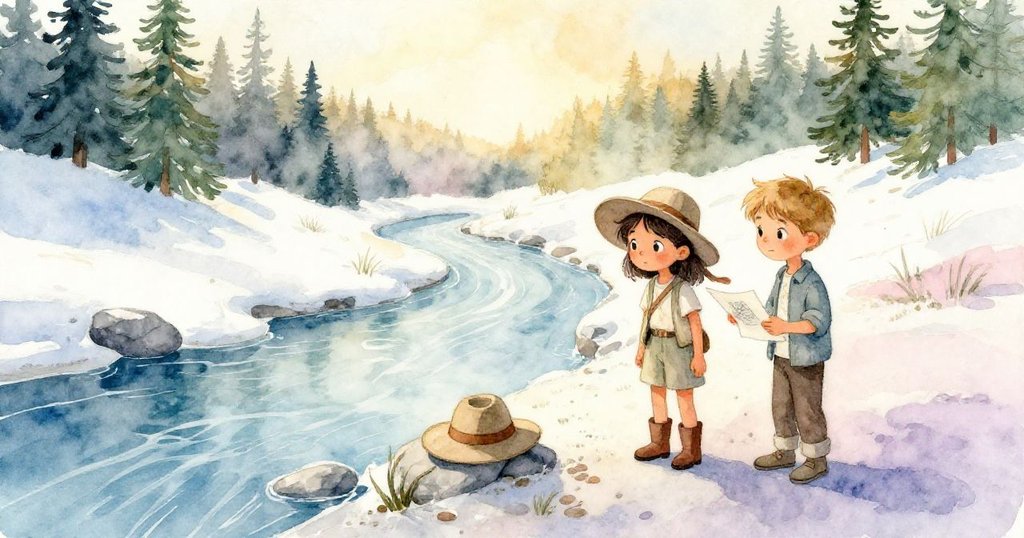 露娜與萊安德並肩於溪邊，目光溫柔觀察靜謐水面，家傳帽安坐石上，展現實驗成功後的平和與喜悅。