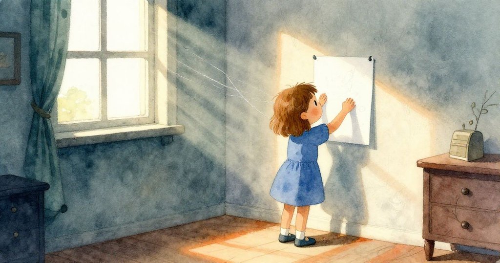 Lark在明亮房間中用力按壓畫紙於牆面上，窗外灑入溫暖銀光，畫面中透露出期待與魔幻氛圍。