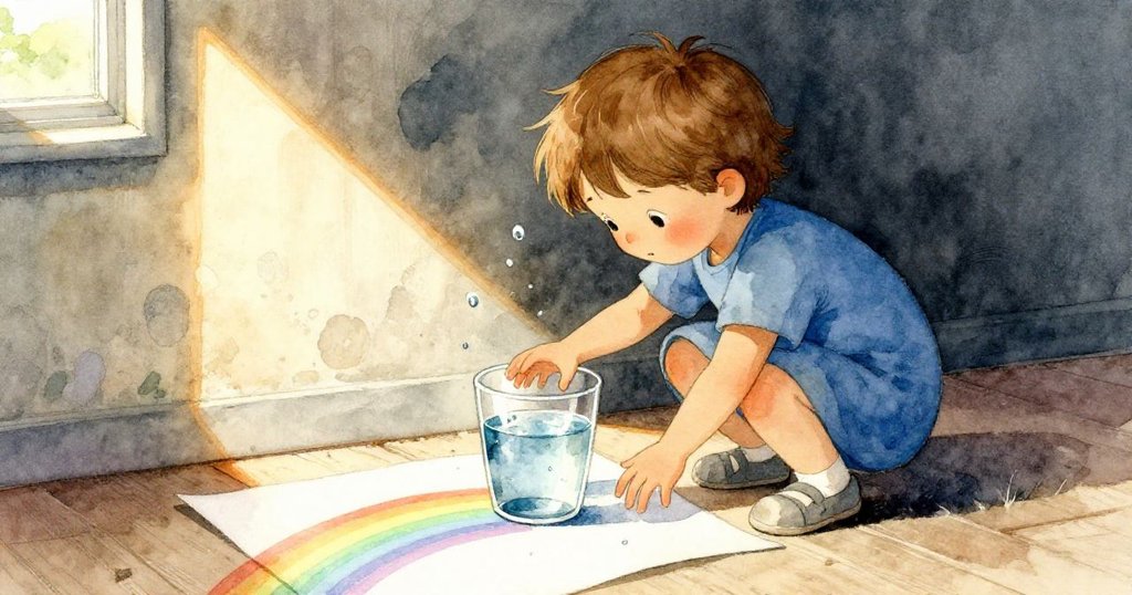 Lark輕推裝水玻璃，彩虹在畫紙上徐徐展開，溫暖光線與老舊牆面交織出魔幻懷舊氣息，呈現充滿驚奇的瞬間。