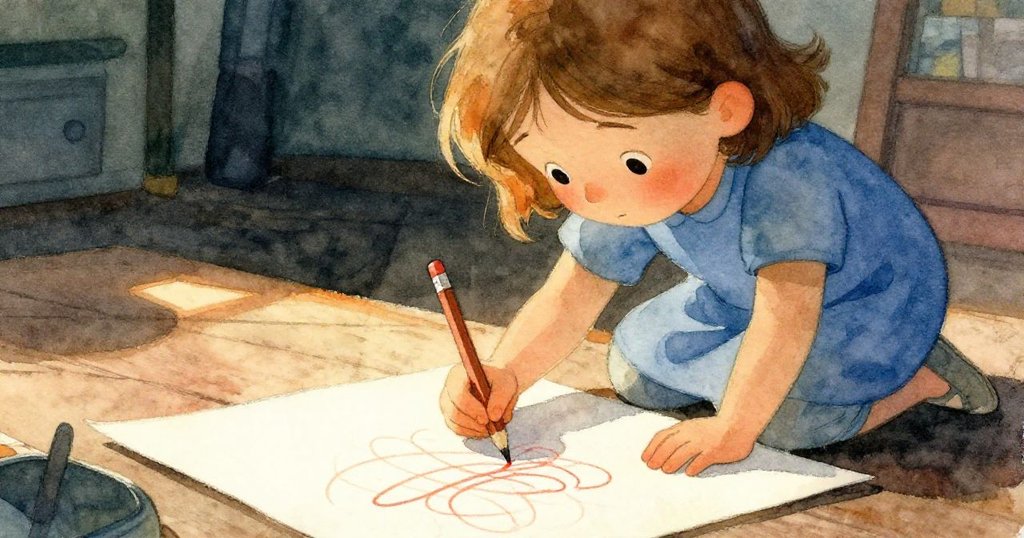 從低角度看見Lark專注描繪畫紙上紅橙彩虹線，她的表情充滿驚奇與決心，背景呈現柔和居家光影。