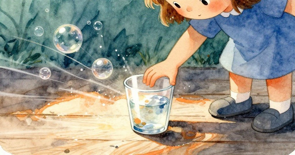 Lark輕輕移動玻璃杯，手中透露動感，陽光映照下泡沫與光軌在木地板上流轉，細膩捕捉轉瞬魔幻之美。