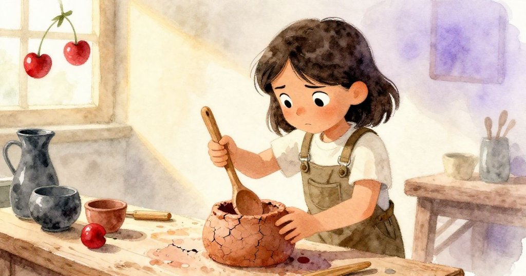 Alma在室外工作台上用木匙對抗堅硬泥皮,展示出刻痕歷史與努力的痕跡,神情堅毅。