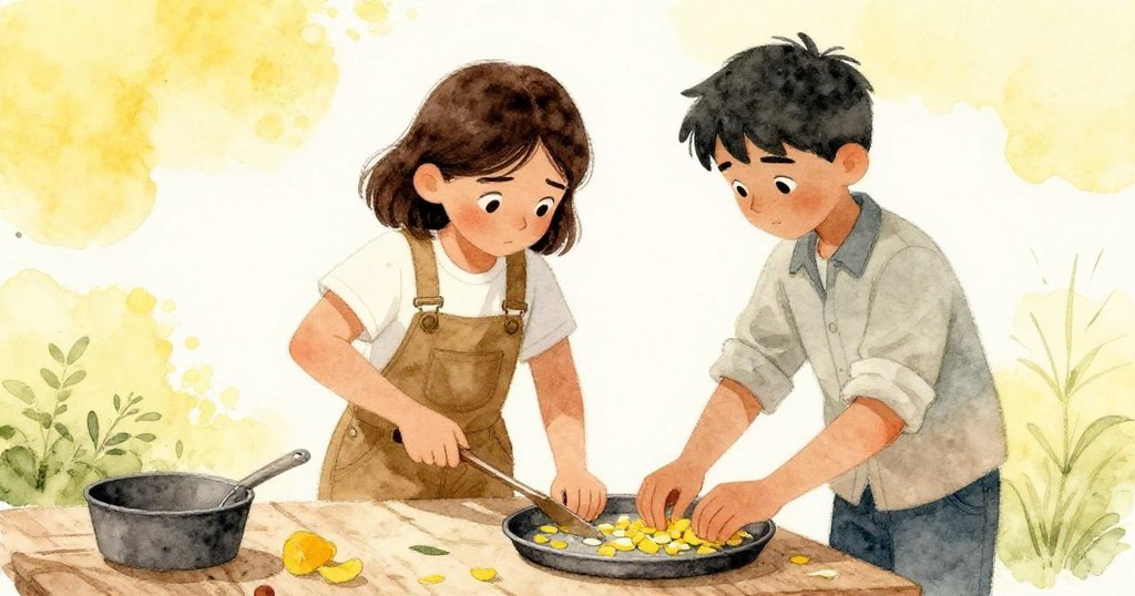 Alma調整姿勢增加杠桿力,Cruz細心將黃色花瓣壓入金屬盤,古舊工具與戶外場景呈現合作感。