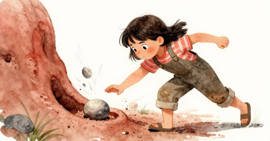 Alma奮力衝刺推動一顆光滑石子進入泥裂縫,動感十足展現急迫與決心,背景略顯模糊。