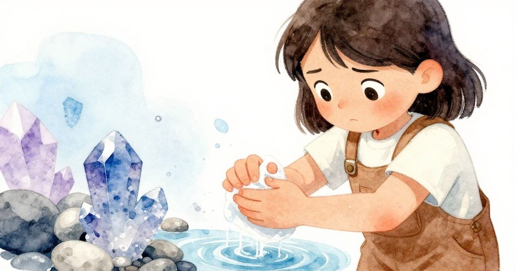 Alma擦拭前臂,水流沖洗泥土顯現晶亮石英,她微笑著,場景舒緩展現成就與後續冒險感。