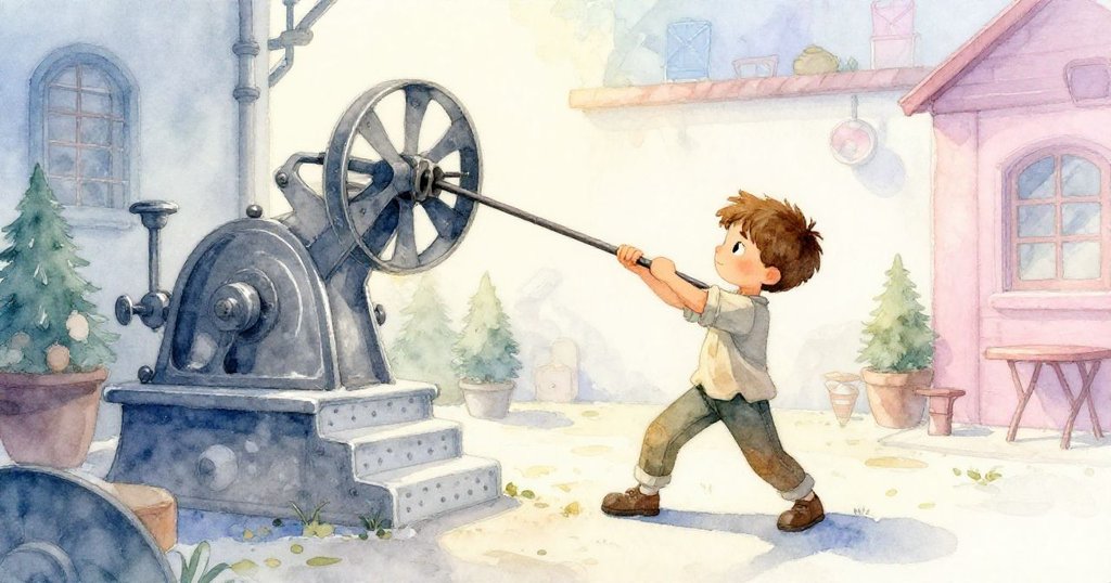 Xavier在溫暖庭院中揮動鐵製手柄,背景展現古舊階梯與機械,動作生動,充滿冒險氣息。