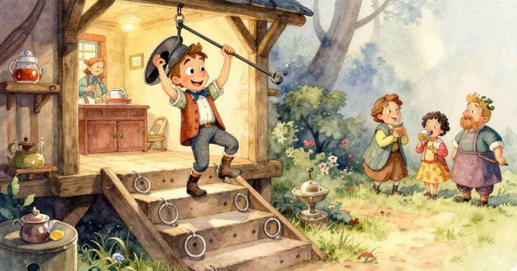 Xavier手持工具精心倒水進金屬水壺,特寫展示閃亮壺口與溫暖布料,細節豐富、生動感人。