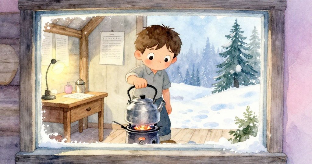 透過磨砂窗戶,Xavier在窄室內平衡金屬水壺並查看氣壓筆記,神情專注與溫馨交織。