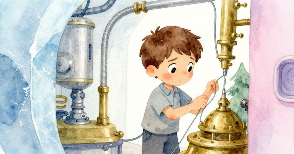 Xavier面露憂慮與堅定神情,站於銅製機件旁仔細檢查微動纜線,動作細膩呈現挑戰瞬間。