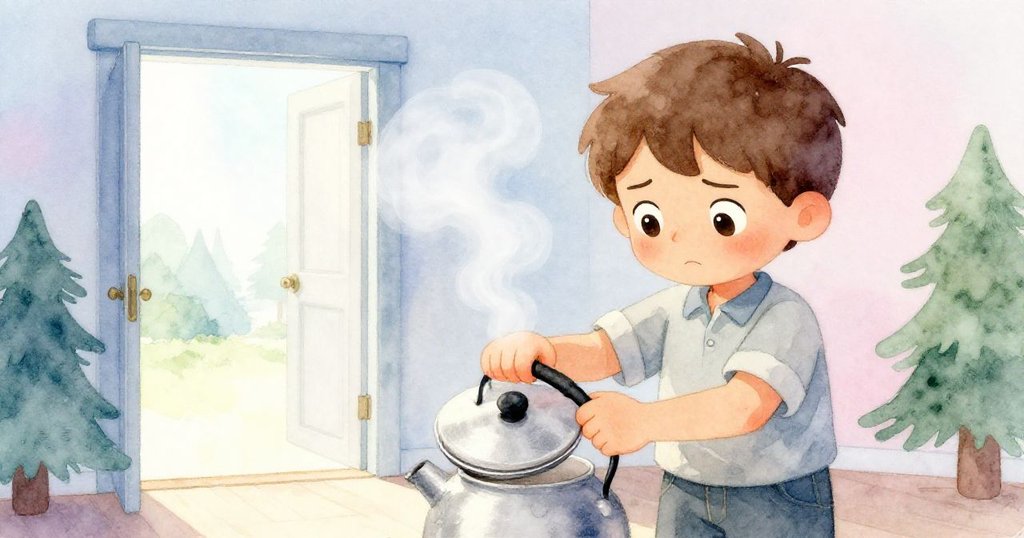 Xavier輕柔揭開水壺蓋,白色蒸汽緩緩升起,背景開門透入涼風,神情平靜期待未完冒險。