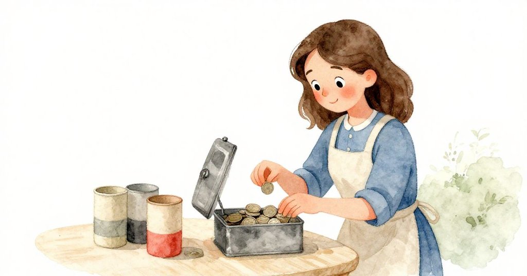 Harriet聚精會神地檢查金屬硬幣盒，硬幣叮噹作響，紙杯在陽光桌面上斜滾，場景呈現溫暖有序與俏皮交織。