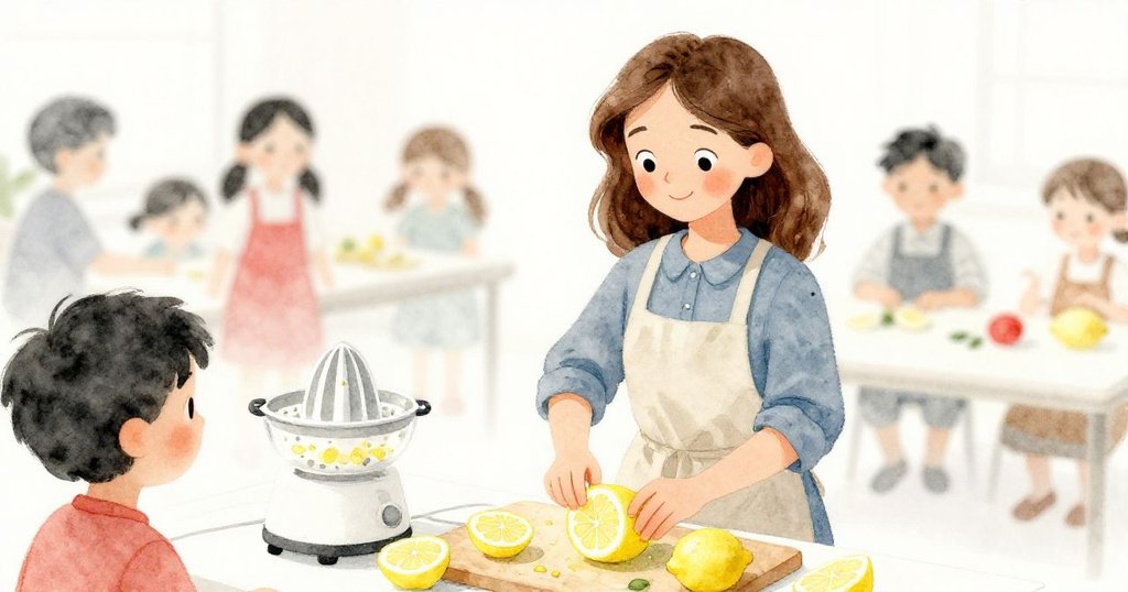 Harriet在攤位上榨檸檬，桌上散落著果汁與濕潤檸檬片，背景隱約出現等待顧客，場景層次豐富。