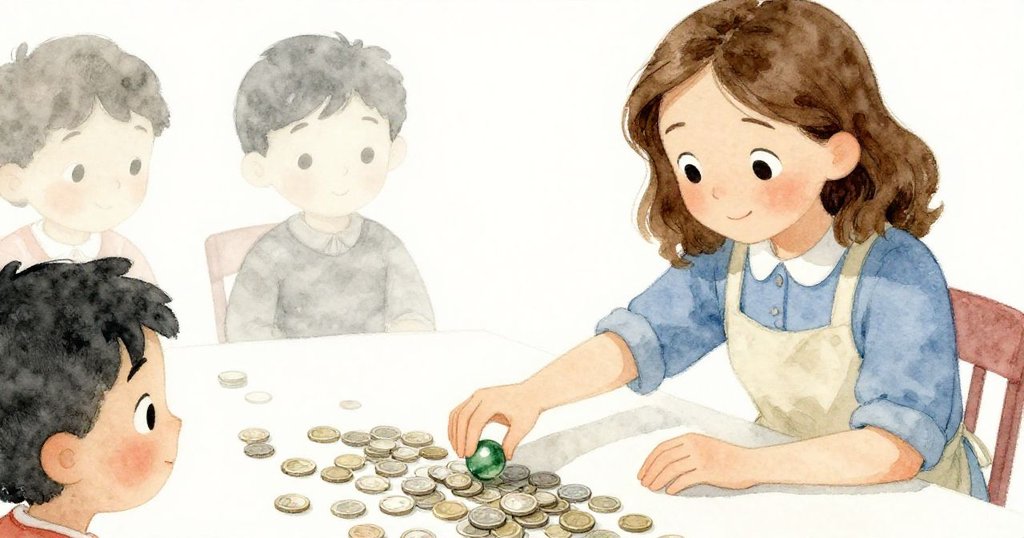 Harriet正數著硬幣，一顆綠色寶石從桌面滑落，她急切伸手追趕，畫面細膩呈現現實與混亂的交織。