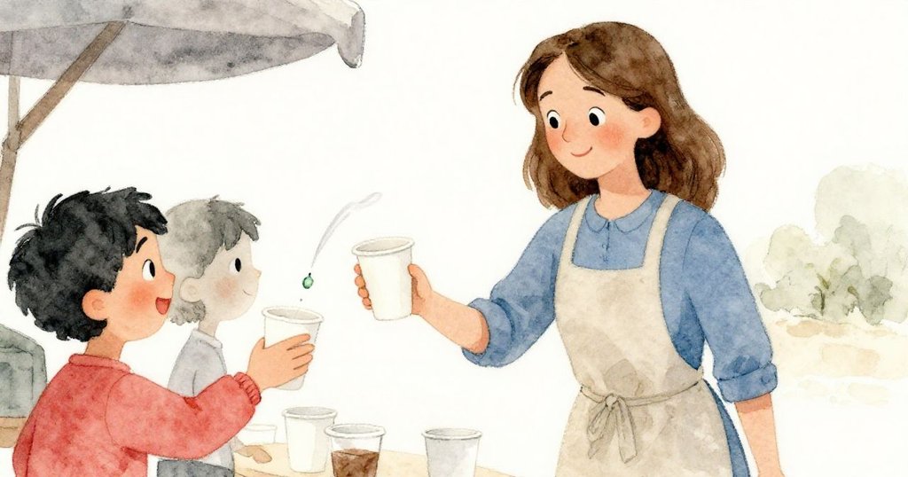 Harriet微笑著遞出標記杯子給快樂顧客，輕風吹拂著桌上紙杯，畫面充滿友好互動與溫馨氣氛。