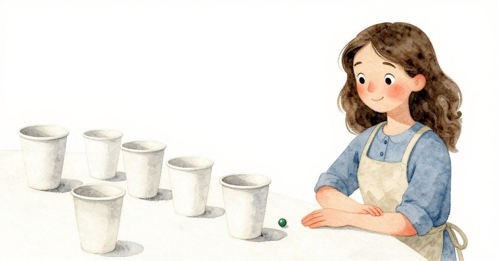 Harriet站在遠處靜觀桌上移動的紙杯與孤單綠寶石，畫面溫暖沉思，象徵細緻秩序與俏皮隨機間的微妙平衡。