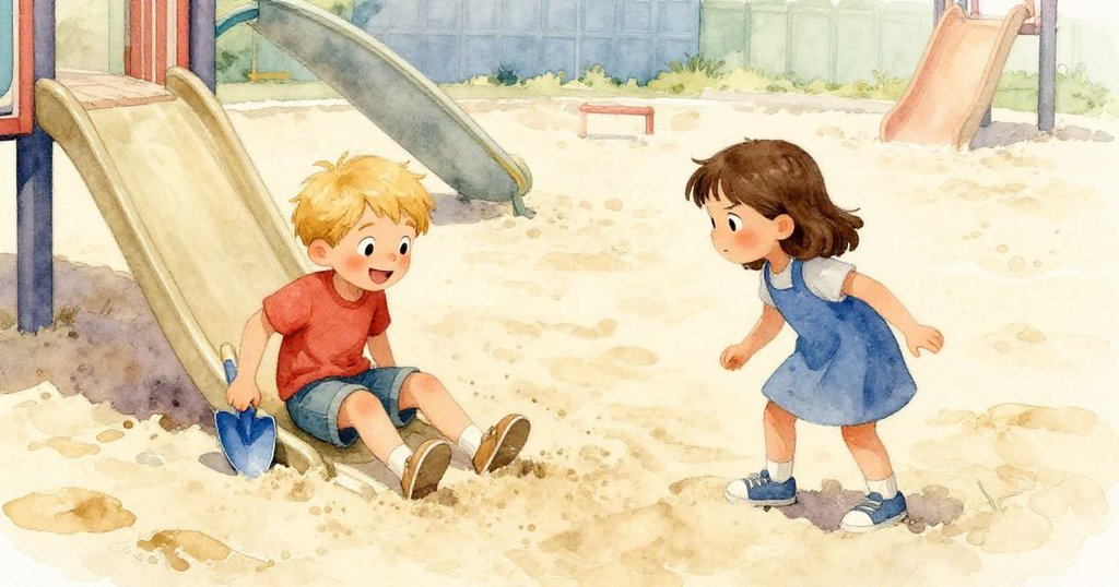 在陽光灑落的遊樂場中，Luke滑動藍鏟子向Nell遞送，兩人滿懷期待與喜悅準備開始建塔。