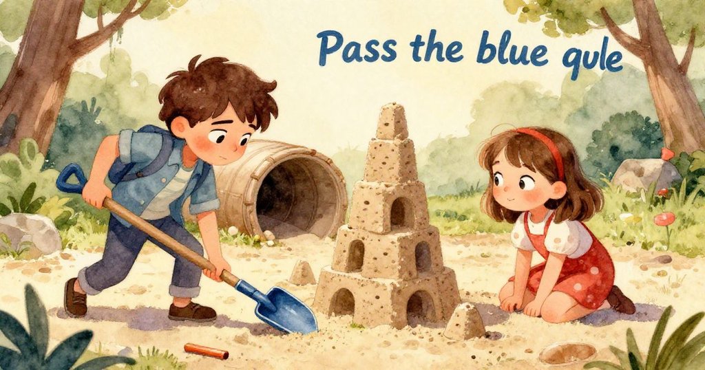 鏡頭極近拍藍鏟把，陽光反射出溫暖光影，細緻描繪沙粒與器物質感，突顯孩子們準備建塔的物件。