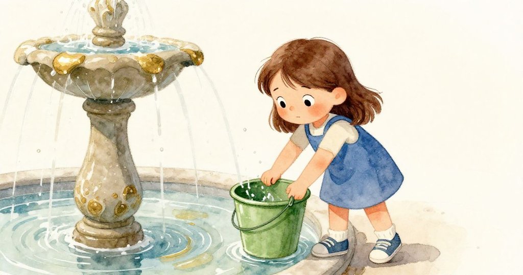 Nell在噴泉旁裝水，綠桶映出她專注神情與閃光水流，周圍環境流露柔和自然光線。