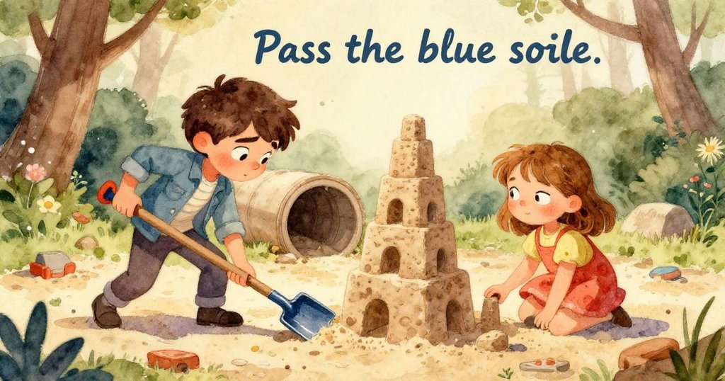 雲朵掠過使陽光暗淡，沙箱中塔樓與工具被拉長陰影映襯，呈現沙粒紋理與光影變化的動人景致。