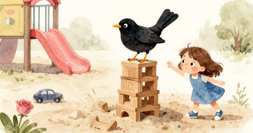 黑鳥輕落在沙塔木邊，瞬間引動沙粒飛揚，玩具車微光閃爍，Nell神情既驚訝又堅定現場緊張時刻。