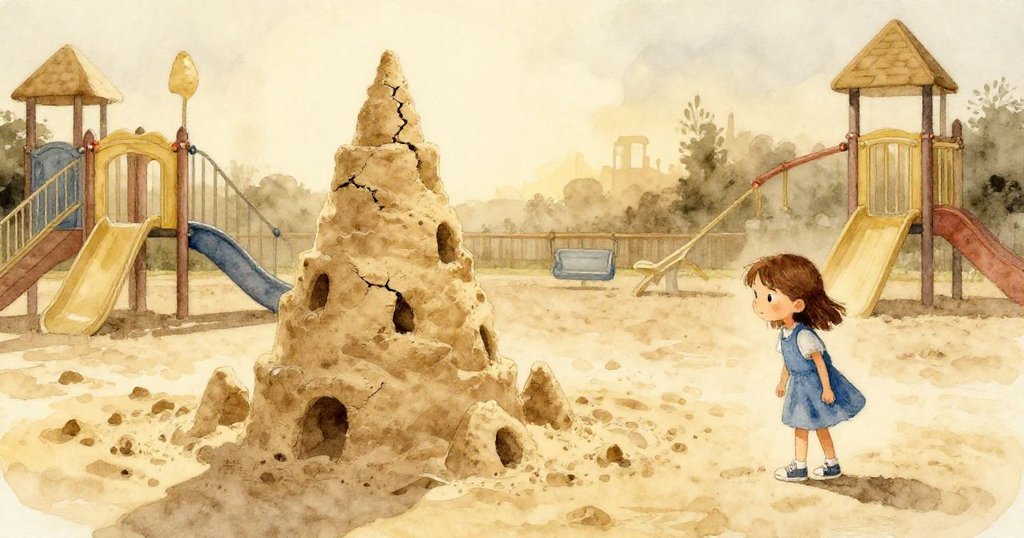 傍晚樹影斜落，Nell靜坐觀望裂痕塔樓，遊樂場空曠寧靜，暖金光芒中隱約透露未來冒險故事。