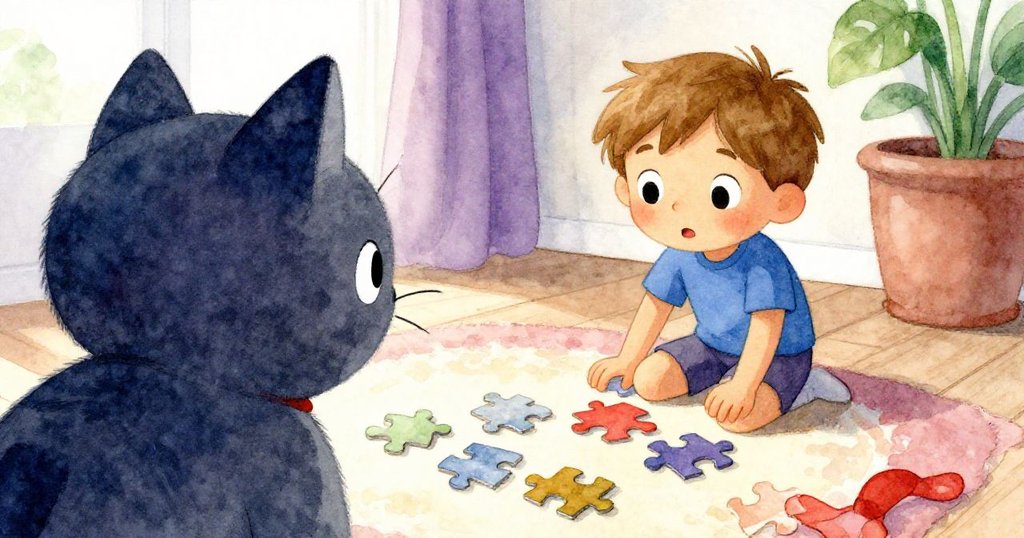 一隻圓潤灰貓從低角度好奇注視科賓整理拼圖，室內燈光溫柔，充滿趣味與溫馨感。