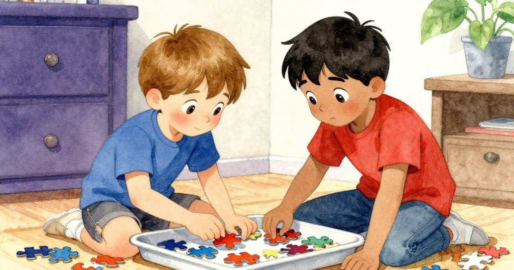 邁爾斯與科賓齊心協力挑選並安置邊框拼圖，神情專注，室內燈光溫暖明亮，展現合作精神。