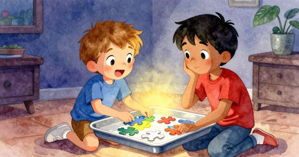 拼圖最終完美拼合，科賓與邁爾斯滿懷喜悅相視而笑，室內光影溫暖，展現出成功與未來冒險的希望。