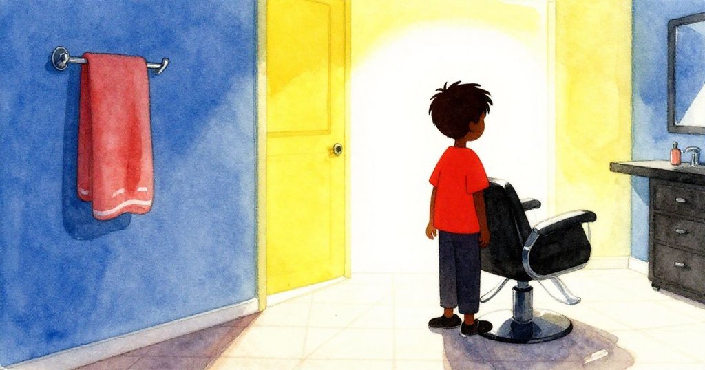 賽斯在美髮沙龍內坐著,背光下的輪廓清晰,正專注尋找空掛鉤,充滿期待與好奇。