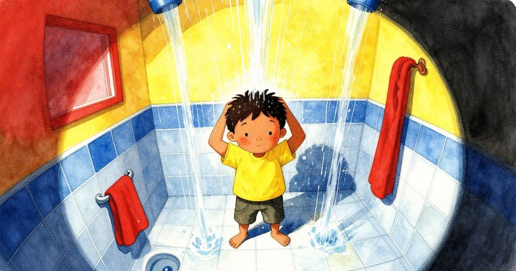 賽斯在扭曲的視角下調整頭部,水流忽冷忽熱,瓷磚背景因變形展現動感與專注。