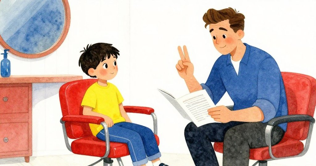 賽斯與父親在沙龍內互動,父親翻閱雜誌時舉起兩指示意支持,兩人情感溫馨互動。