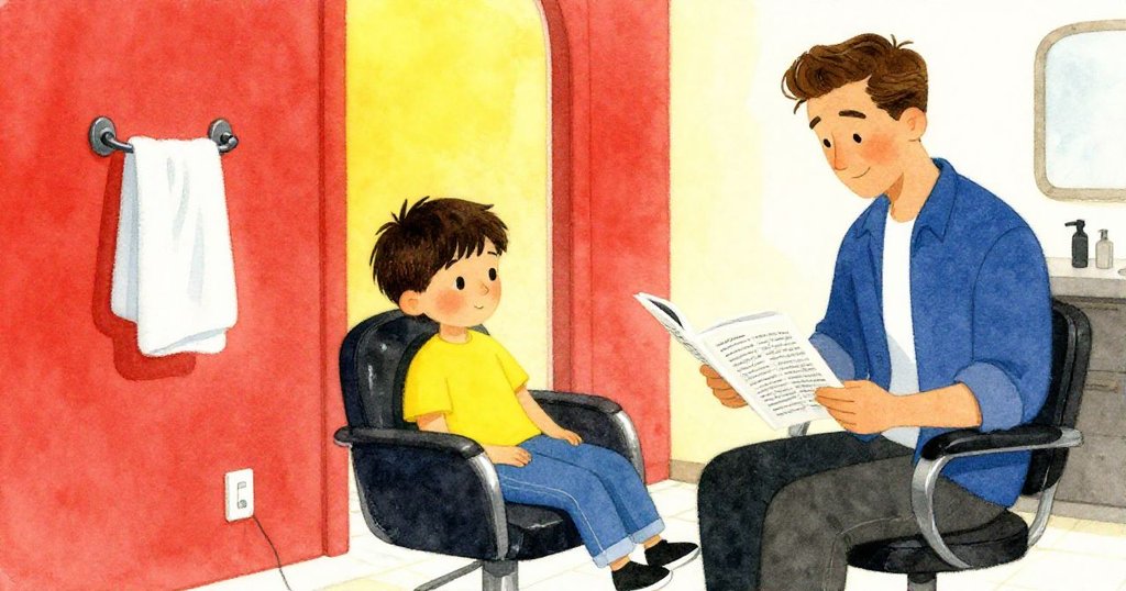 全景展示沙龍內的平和場面,賽斯放鬆享受穩定水流,父親悠然翻閱雜誌,毛巾掛鉤上整齊擺放濕毛巾,場面安詳。