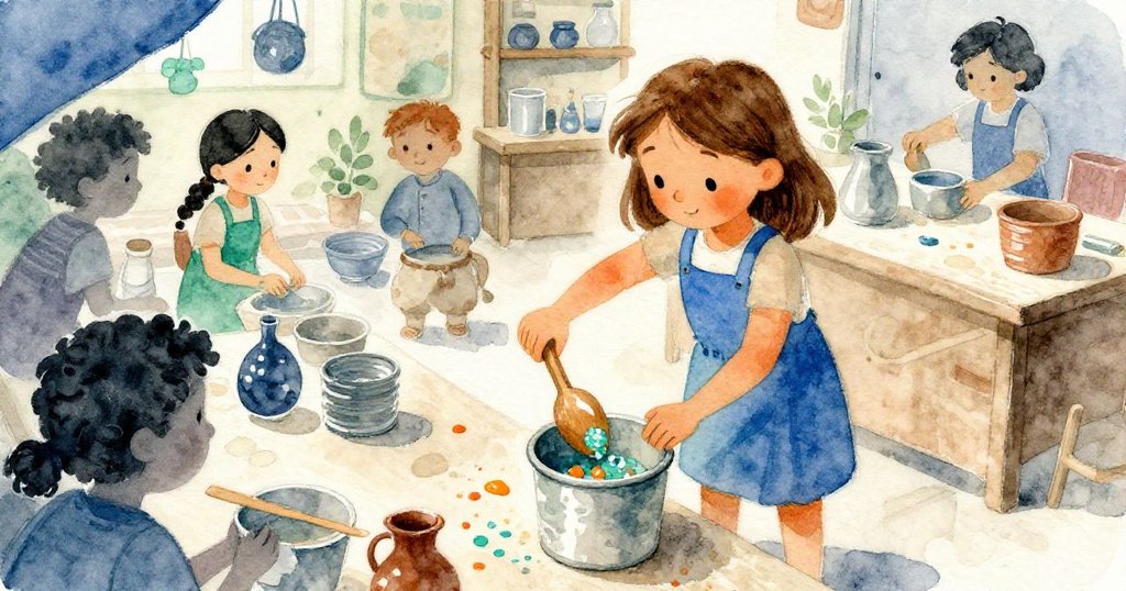 妮娜在陶藝攤位中傾倒木勺中的釉片進入鐵桶，臉上流露興奮與專注，場景充滿活力與動感