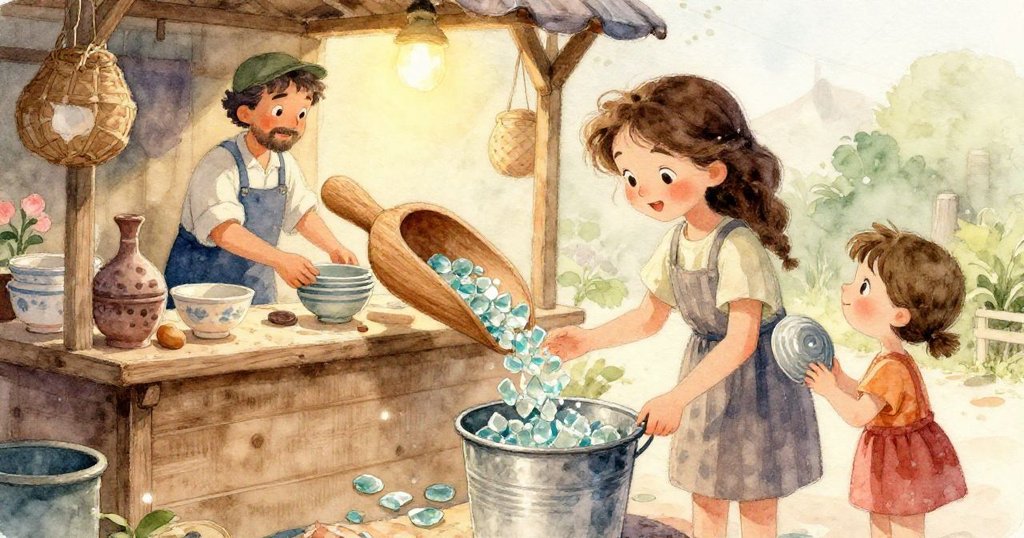 妮娜專注凝視著刻度盤與落下的閃亮釉片，眼神中充滿決心與好奇，細膩捕捉情感瞬間