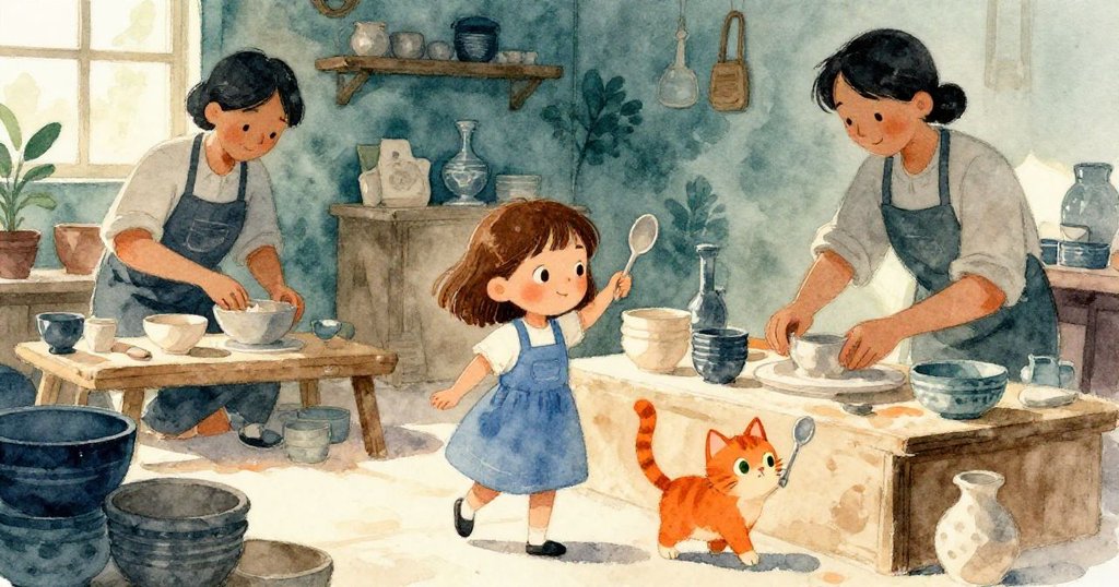 陶藝攤位中，妮娜專心作業，攤販調整陶碗，橘色小貓撥弄懸掛的湯匙，多層次背景豐富動感