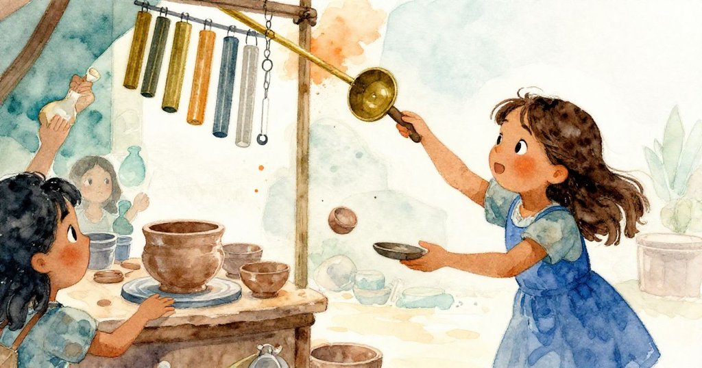 妮娜輕拍勺邊，細粉流下，引發銅臂撞擊風鈴與陶碗連鎖滾動，場景充滿動感與節奏